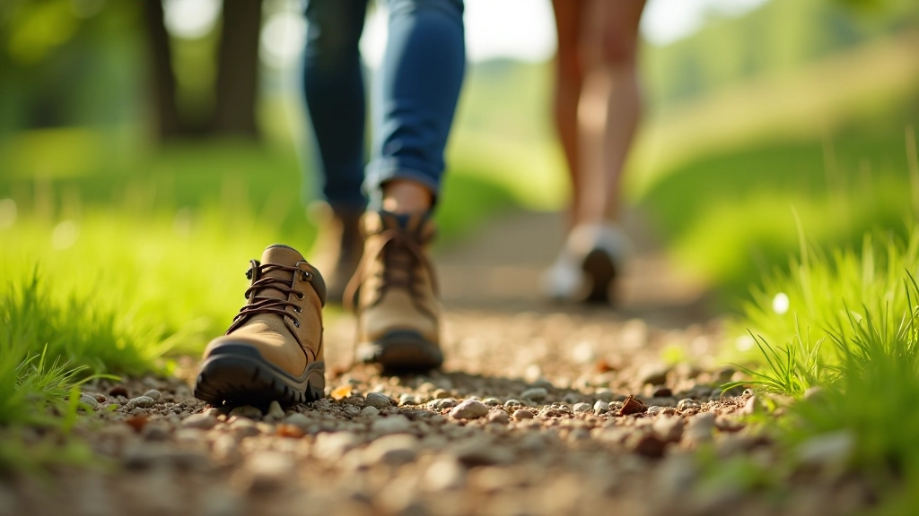 Hiking boots and comfortable walking shoes arranged on natural ground with socks nearby