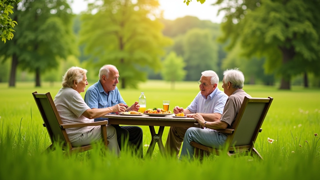 Seniori pikniku laikā pļavā