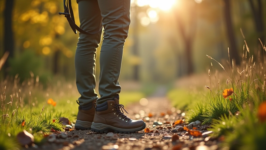 Hiker selecting proper footwear for riverside meadow trails in different seasons