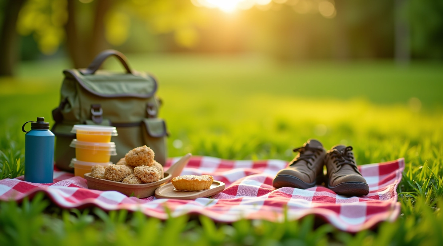 Picnic blanket spread in riverside meadow with packed food containers, water bottle, and hiking shoes on green grass