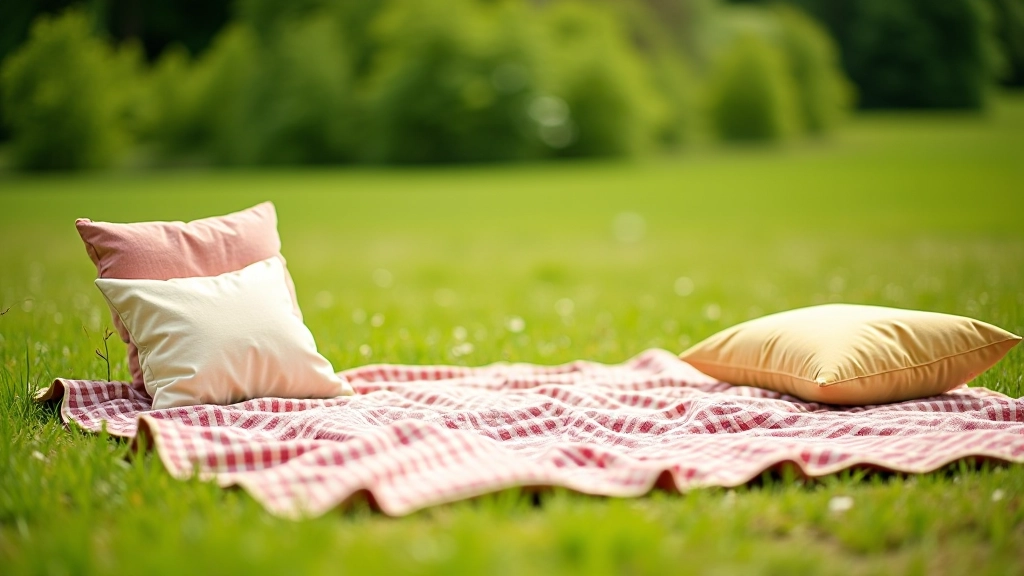 Colorful picnic blanket spread on grass in sunny meadow with cushions arranged for seating