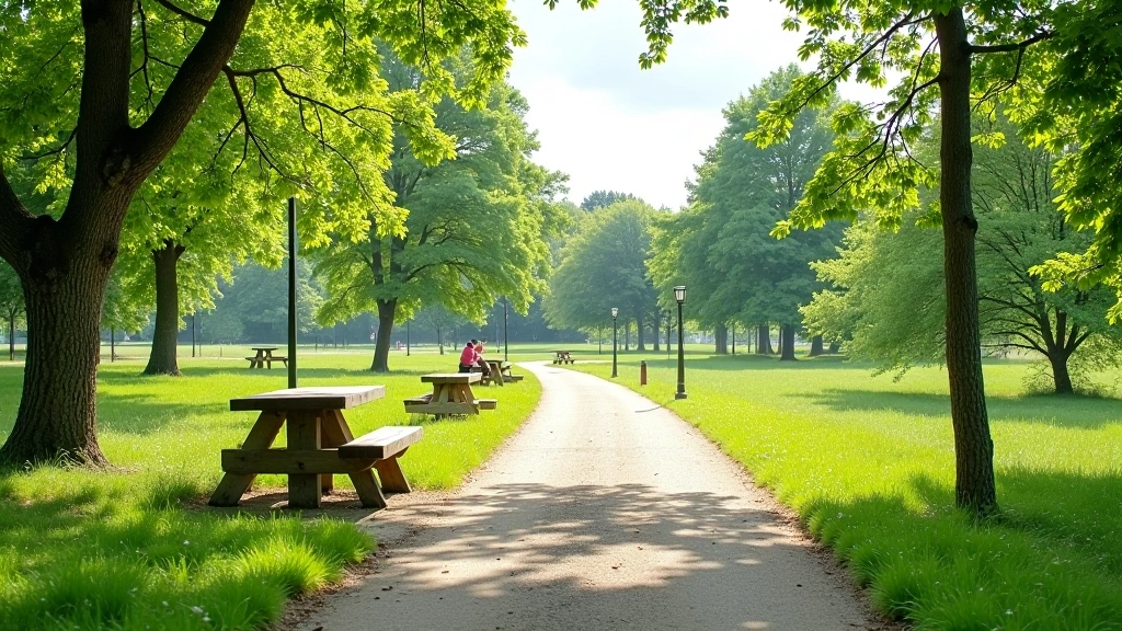 Picnic rest areas with benches, water sources, and facilities along riverside walking paths
