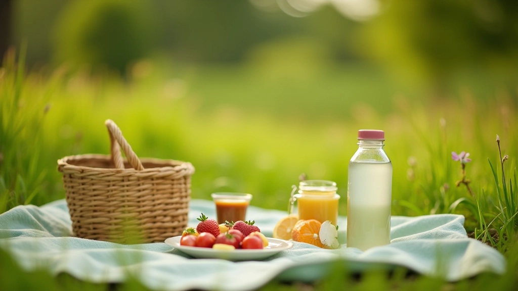 Piknika sagatavojums ar ūdeni un paēdieniem uz pļavas