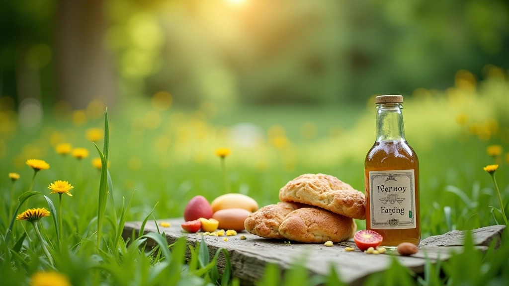 Piknika grozs ar pārtikas produktiem, sedziņa un dzēriena pudeles lauka vidū