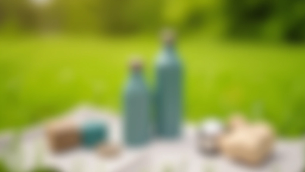 Close-up of reusable water bottles and thermoses sitting on picnic blanket with grass background
