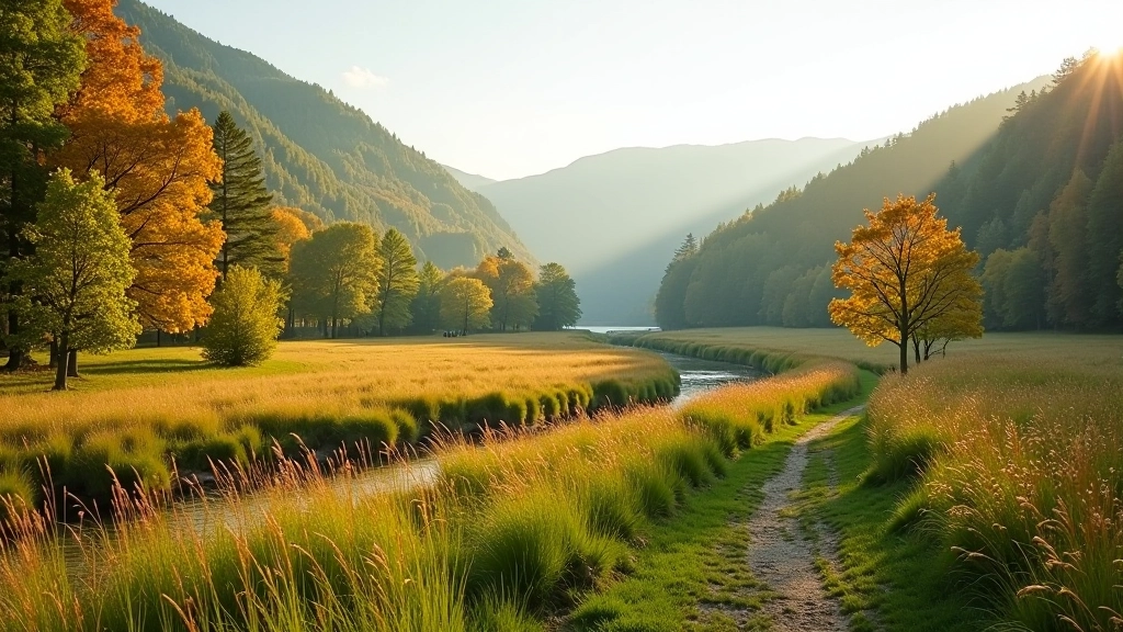 Seasonal landscape views of Abava river valley meadows showing summer greenery and autumn colors